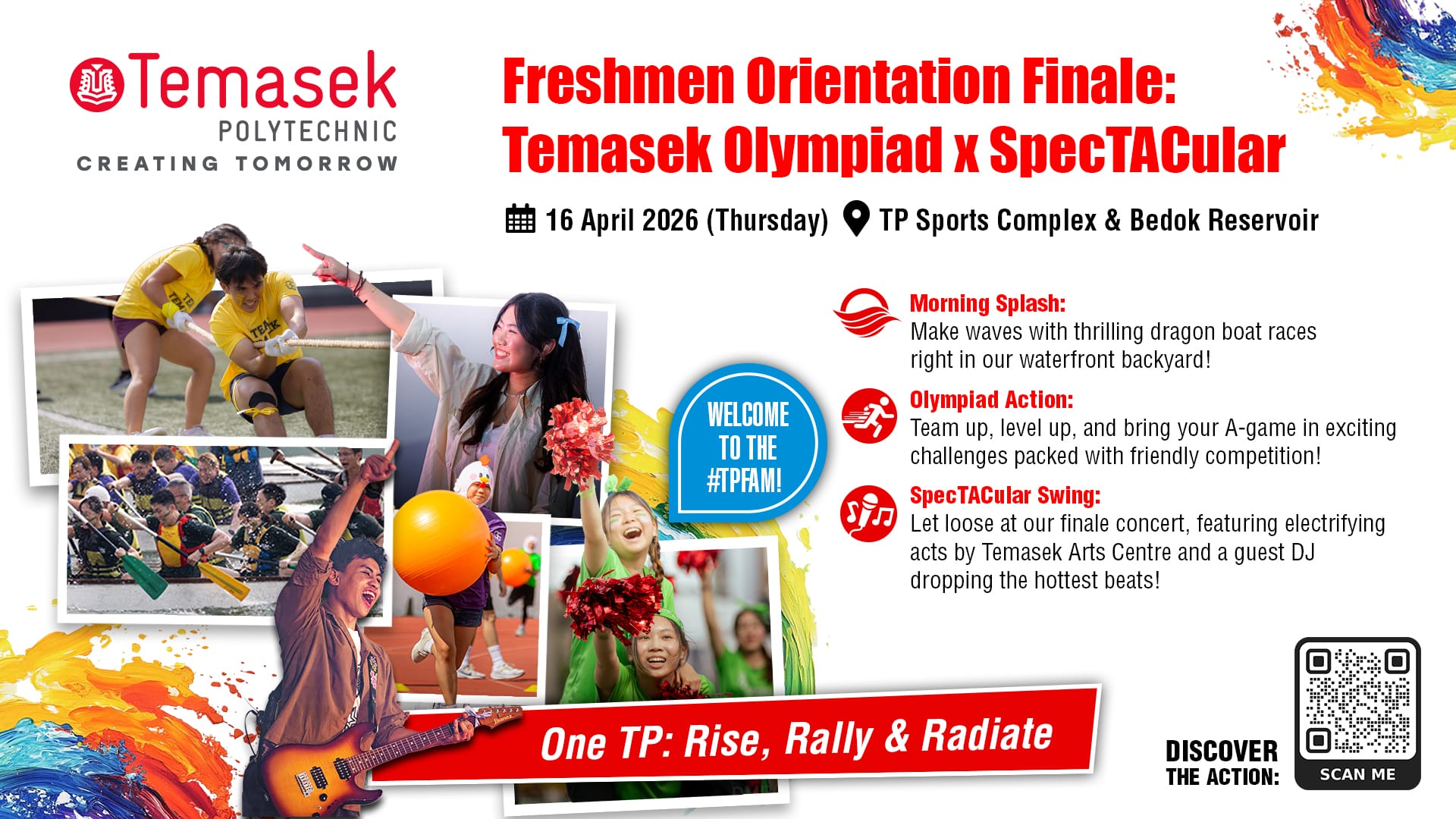 Temasek Polytechnic event flyer for Freshmen Orientation Finale on 16 April 2026 with student activity photos
